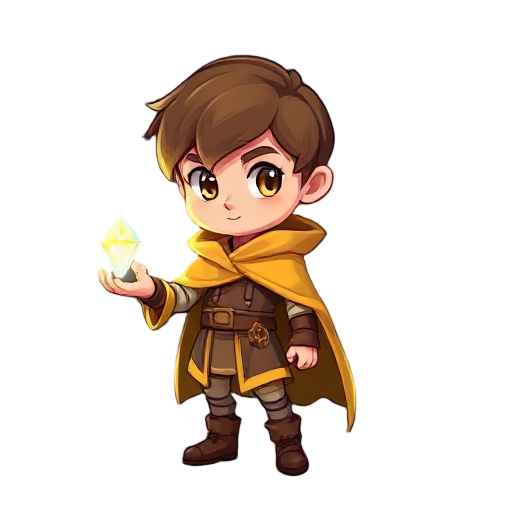  hero. wears a glowing cloak, short brown hair, expressive eyes. holds a small crystal that emits light. neutral pose, front and side view,