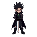 a pixel-art character with spiky black hair and a stern expression. he wears a long dark cloak, armor, boots, and pants, with a green jewel at his neck. holding a sword confidently, he stands with legs apart, radiating strength, mystery, and determination