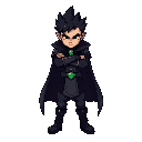 a pixel-art character with spiky black hair and a stern expression. he wears a long dark cloak, dark armor, belt, boots, and pants. a green jewel hangs at his neck. arms crossed, legs apart, he stands confidently, exuding a mysterious, strong, and determi