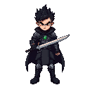 a pixel-art character with spiky black hair and a stern expression. he wears a long dark cloak, armor, boots, and pants, with a green jewel at his neck. holding a sword confidently, he stands with legs apart, radiating strength, mystery, and determination