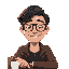 man with medium length dark hair, glasses, cheesy smile, sitting in coffee shop with 