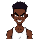 a 16-year-old black teenager with a streetwise brooklyn flair. he has medium-length curly hair styled in a sharp fade, wears a white tank top, and carries a devilish grin paired with an intimidating s