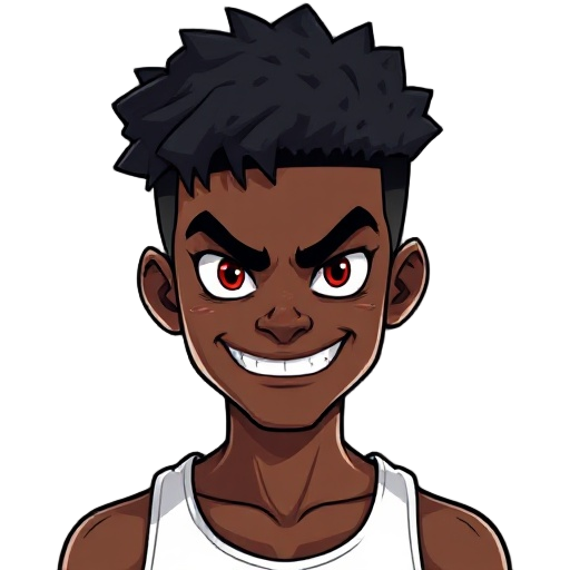 a 16-year-old black teenager with a streetwise brooklyn flair. he has medium-length curly hair styled in a sharp fade, wears a white tank top, and carries a devilish grin paired with an intimidating s