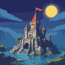 crie a imagem de um castelo com um rio embaixo