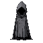 a cloaked and hooded mysterious slim character facing at the camera