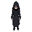 a cloaked and hooded mysterious slim character facing at the camera