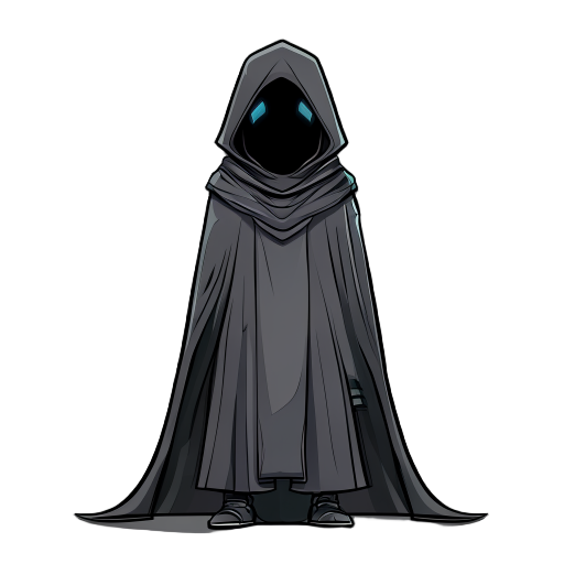 a cloaked and hooded mysterious slim character facing at the camera