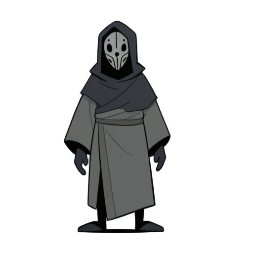 a shadowy humanoid figure, wearing a simple robe and an unusual mask. no hood, no staff, no extra details.