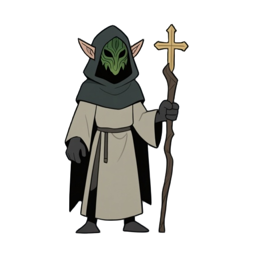 a shadowy humanoid figure, wearing a simple robe from church and an unusual mask from forest like elves in lotr no hood, no staff,
