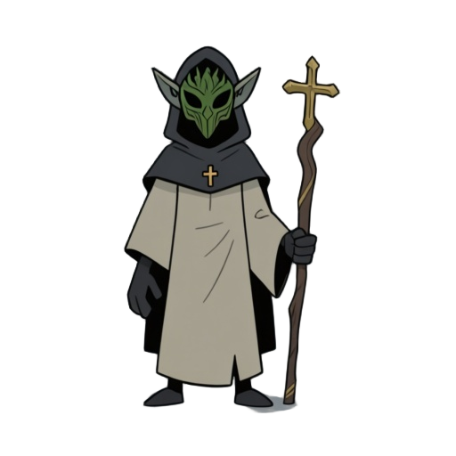 a shadowy humanoid figure, wearing a simple robe from church and an unusual mask from forest like elves in lotr. no hood, no staff,