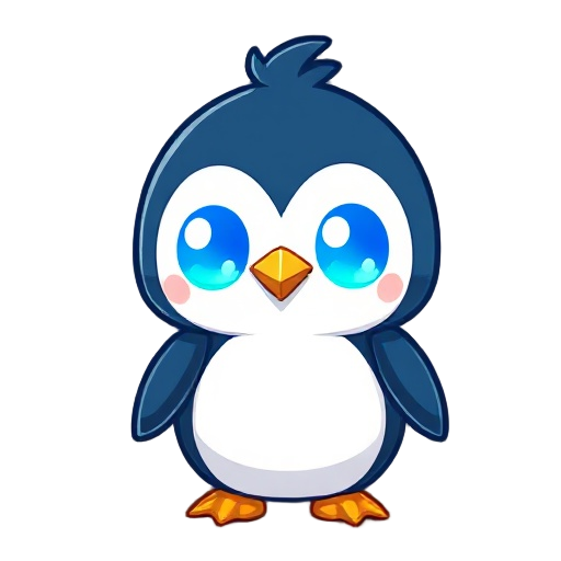 cabeça de pinguim em pixel  olhos brilhando em azul. 