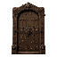 draw a 2d illustration of a heavy wooden door, intricately carved with medieval patterns, featuring a dark oak texture, iron hinges, and a sturdy lock. the door should show signs of age—cracks, weathe