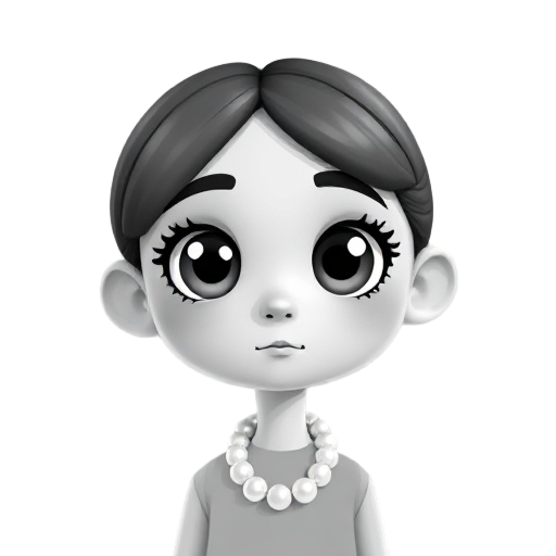 pixel, black and white, alt girl, with big eyes, pale, pearl necklace