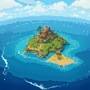 a landscape showing a island in the middle of an ocean inhabited by prehistoric villagers and their huts