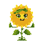 anthropomorphic sunflower, cheerful big-eyed petal face with seed grin, tall stem body with leaf arms giving thumbs-up, wearing curled leaf hat and vine scarf, limited color palette with yellows and greens, dithered textures for glow, cute expressive