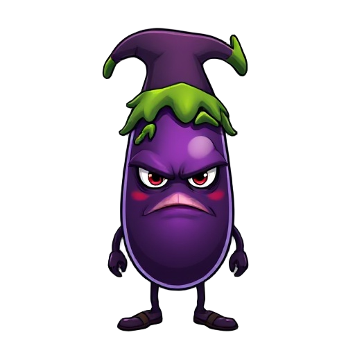 a humanoid eggplant wizard with serious eyes and cocky mouth