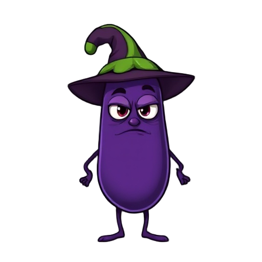 a humanoid eggplant wizard with serious eyes and cocky mouth and simple hands and legs