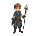 create a 2d isometric or top-down character sprite sheet featuring a young mage named ged, designed as the main player character for a game.  add a staff into to his hands