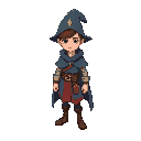 create a 2d isometric or top-down character sprite sheet featuring a young mage named ged, designed as the main player character for a game. he also has a wand in his hand