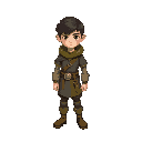 create a 2d isometric or top-down character sprite sheet featuring a young mage named ged, designed as the main player character for a game. the visual style should be slightly stylized with an earthy