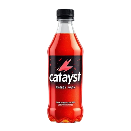 create a photorealistic image of a single bottle of "catalyst" brand energy drink. the bottle is made of clear glass, revealing the vibrant reddish-orange liquid inside. it is topped with a black, tex
