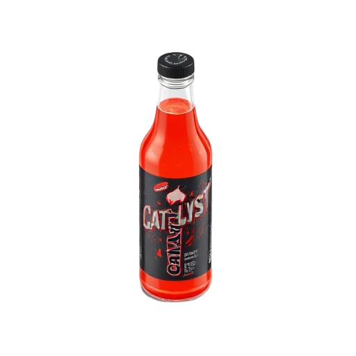 create a photorealistic image of a single bottle of "catalyst" brand energy drink. the bottle is made of clear glass, revealing the vibrant reddish-orange liquid inside. it is topped with a black, tex