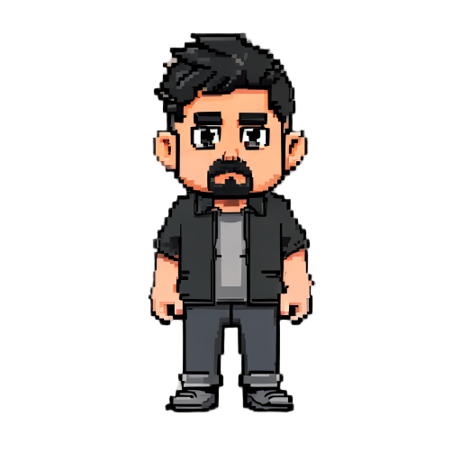 pixel character of a dad - black (with some gray) hair, short at the sides, no facial hair slightly longer on top, brown eyes, a bit chubby, programmist related clothes