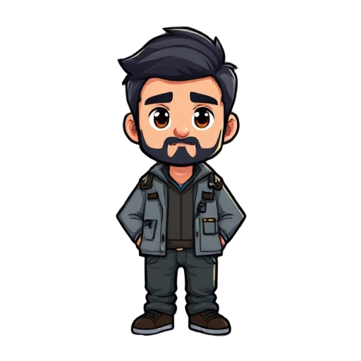 pixel character of a dad - black (with some gray) hair, short at the sides, slightly longer on top, brown eyes, a bit chubby, programmist related clothes