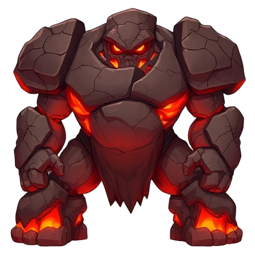 giant cartoon rock lava golem, cracked dark brown igneous armor plates, glowing orange magma fissures, smooth red core, chunky massive body, digital fantasy art, detailed texture, full body view, white background.