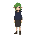 elf girl with green hair wearing a dark blue hoodie and a straight skirt