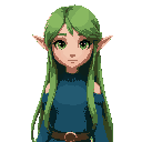 elf girl with long green hair and a blue jumper all with an anime style