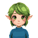 elf girl with shortish green hair and a blue jumper all with an anime style