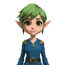elf girl with shortish green hair and a blue jumper 