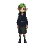 elf girl with green hair wearing a dark blue hoodie and a straight skirt