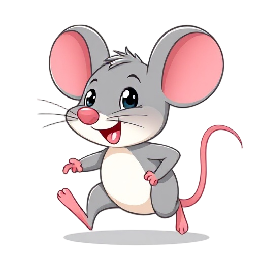 cartoon vector illustration of a cheerful gray mouse mid-run on white background. gray body, white underbelly, large pink inner ears, black eye with white highlight, pink nose, white whiskers, open mouth with two teeth, pink paws in motion, long curved pi