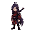 murim caracter with darck purple and long hair and black and red traditional wharing and a sword in the back 