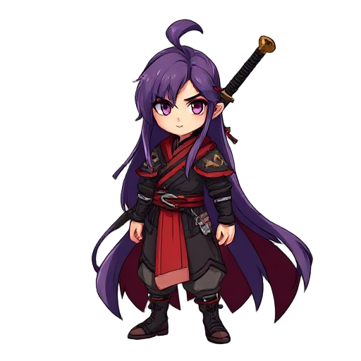 murim caracter with darck purple and long hair and black and red traditional wharing and a sword in the back 