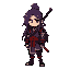murim caracter with darck purple and long hair and black and red traditional wharing and a sword in the back 