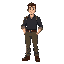 men his attire includes a dark shirt with rolled-up sleeves, practical trousers, and durable shoes for his work in the railway industry.
