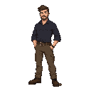 men his attire includes a dark shirt with rolled-up sleeves, practical trousers, and durable shoes for his work in the railway industry.