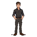 men his attire includes a dark shirt with rolled-up sleeves, practical trousers, and durable shoes for his work in the railway industry.