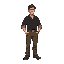 men his attire includes a dark shirt with rolled-up sleeves, practical trousers, and durable shoes for his work in the railway industry.
