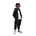 black male cornrows wearing a black zip up hoodie, white tee, black baggy sweatpants standing headphones white and green jordan sneakers 