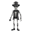 terminator-alike skeleton guy wearing tuxedo a fedora and a suitcase