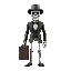 terminator-alike skeleton guy wearing tuxedo a fedora and a suitcase