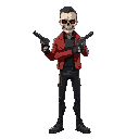 a guy with red leather jacket and black trousers , muscular lean , half of the face is skeleton like terminator , holding two pistols