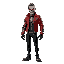 a guy with red leather jacket and black trousers , muscular lean , half of the face is skeleton like terminator , 