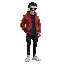 tyler durden with red leather jacket on a hoddie , black leather pants on bottom , white sneakers , skull head like t800 from terminator , reaper