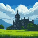green fields in front of a dark vampire castle , blue sky and white clouds , clouds going to appear more grey and rainy above the castle