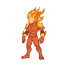pixel side-view fire humanoid, same silhouette and proportions as reference, empty face opening unchanged, shoulder pads and bracers unchanged, clean 1px outline, consistent orange→yellow flame, transparent background, game sprite frame
